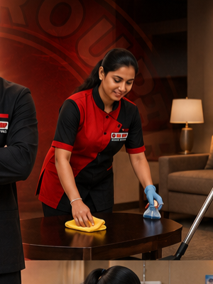 SRIS Group female housekeeping professional in red and black uniform cleaning a table