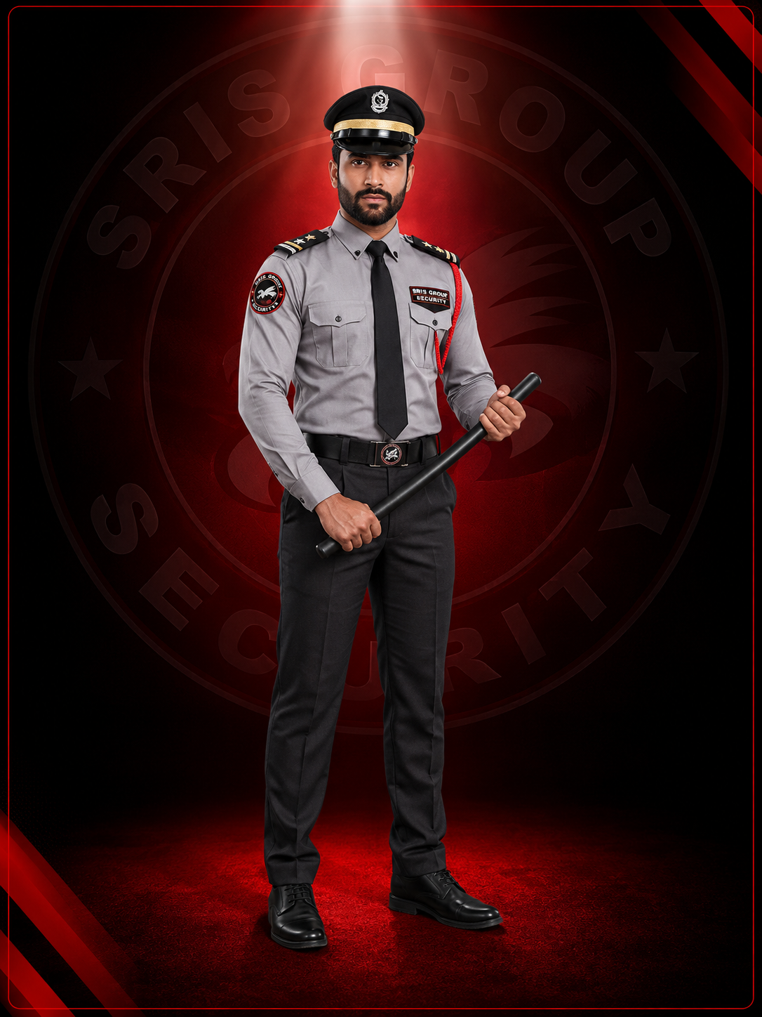 SRIS Group ceremonial security uniform with silver grey shirt and baton